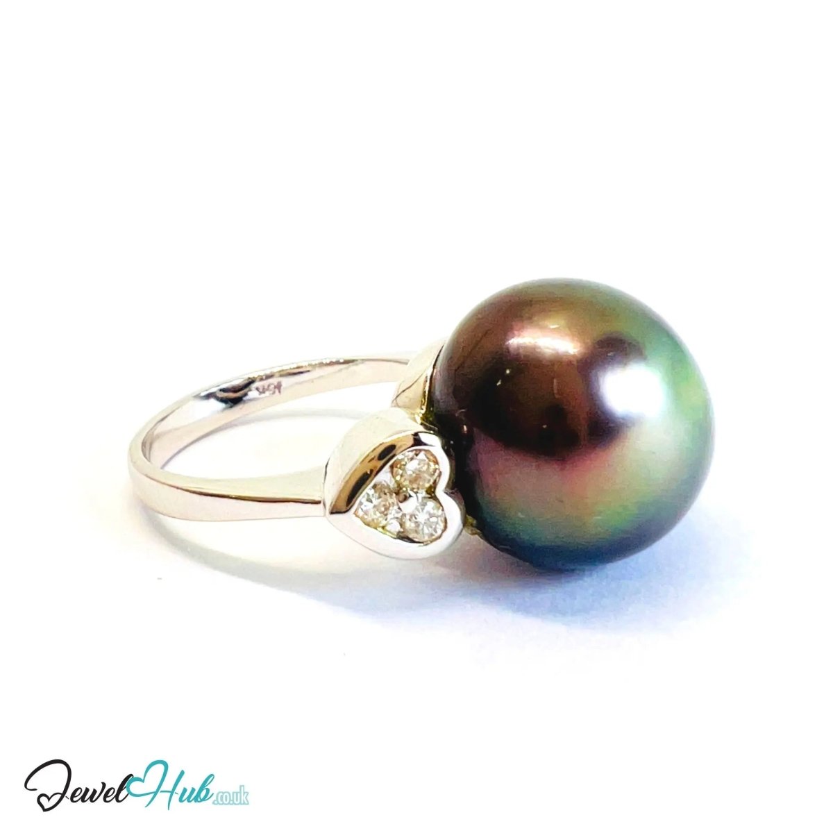 18K Gold Black South Sea Pearl Ring · 13 mm Pearl · 0.36ct Diamonds · UK L - JewelHub.co.uk