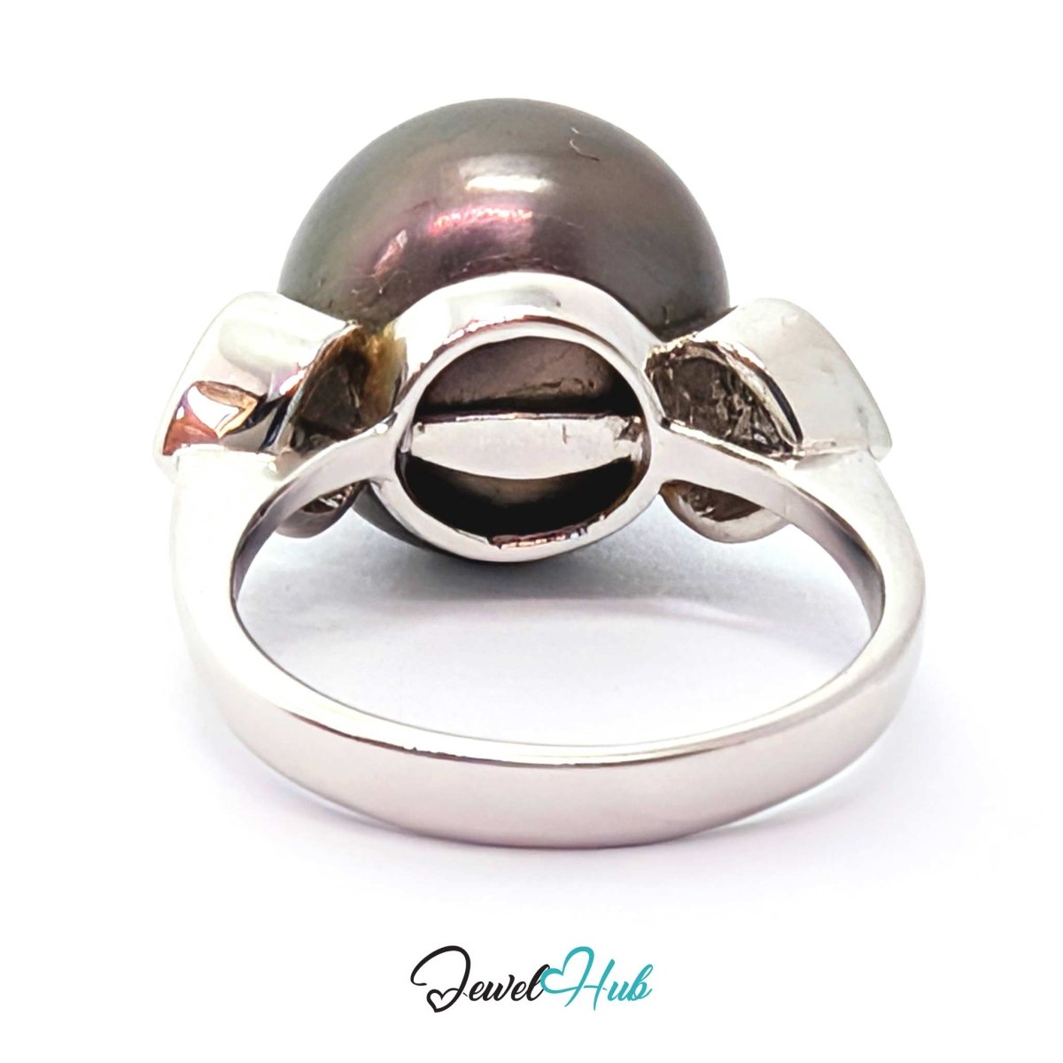 18k white gold Ring featuring a large, round, dark gray pearl set in a polished silver band, shown against a plain white background with a 'JewelHub' watermark at the bottom.