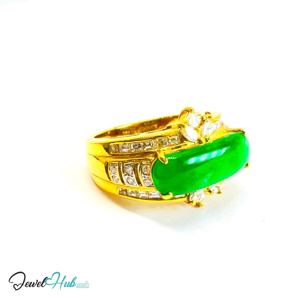 18K Gold Diamond Jade Ring · 2.15ct Oval Jade · 0.32ct Diamonds · UK N · US 6.75 · Luxe Elongated Ban - JewelHub.co.uk