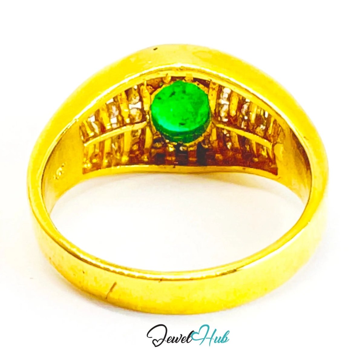 18K Gold Emerald Diamond Ring · 0.66ct Oval Emerald · 0.62ct Diamonds · UK N · US 7 · Luxe Halo Crest - JewelHub.co.uk