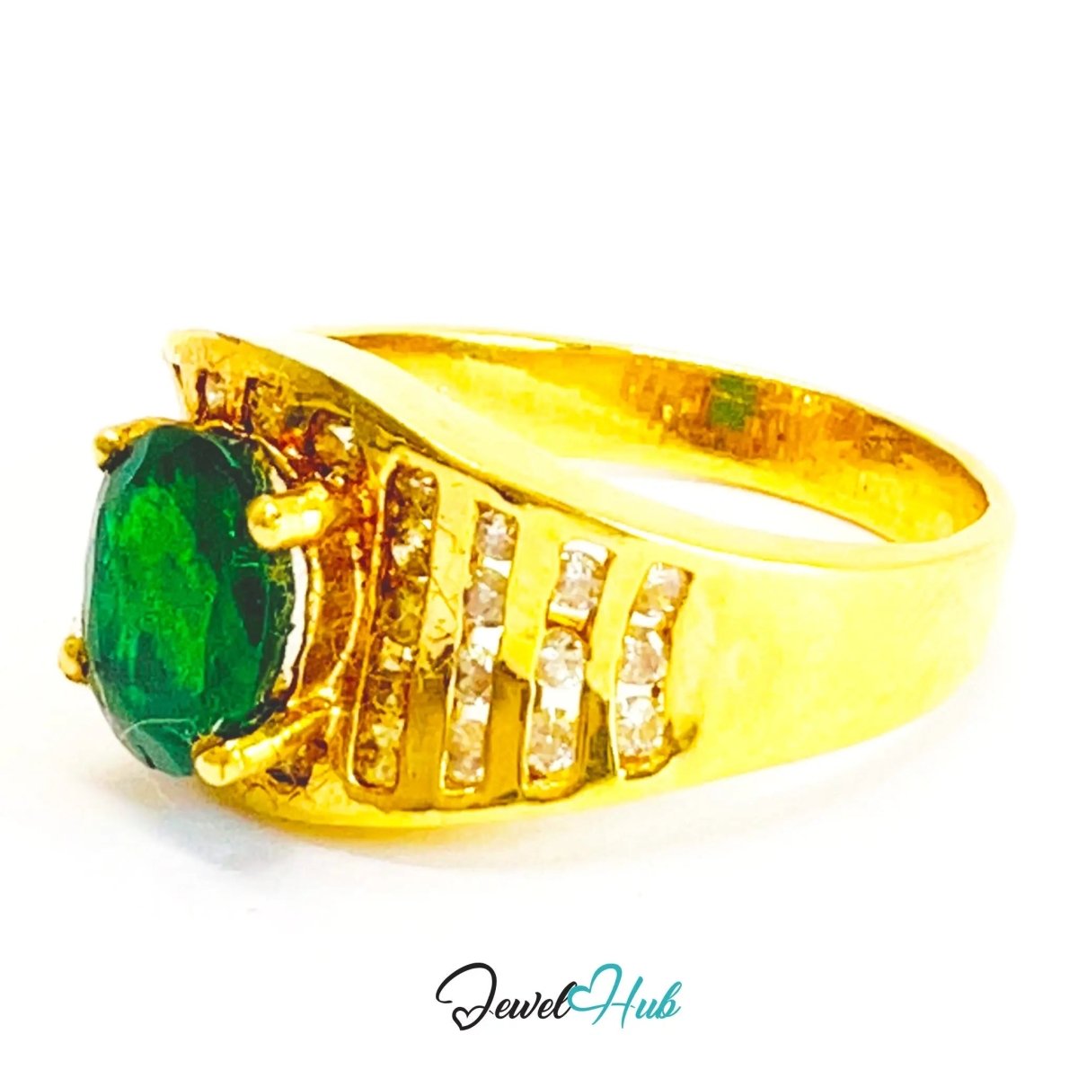 18K Gold Emerald Diamond Ring · 0.66ct Oval Emerald · 0.62ct Diamonds · UK N · US 7 · Luxe Halo Crest - JewelHub.co.uk