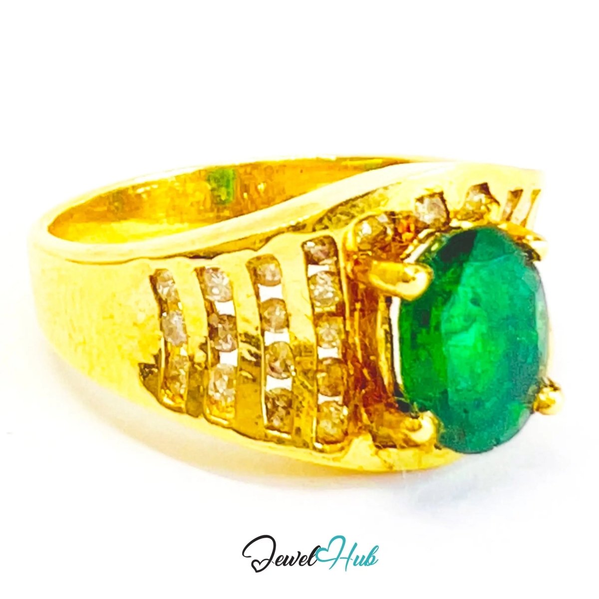 18K Gold Emerald Diamond Ring · 0.66ct Oval Emerald · 0.62ct Diamonds · UK N · US 7 · Luxe Halo Crest - JewelHub.co.uk