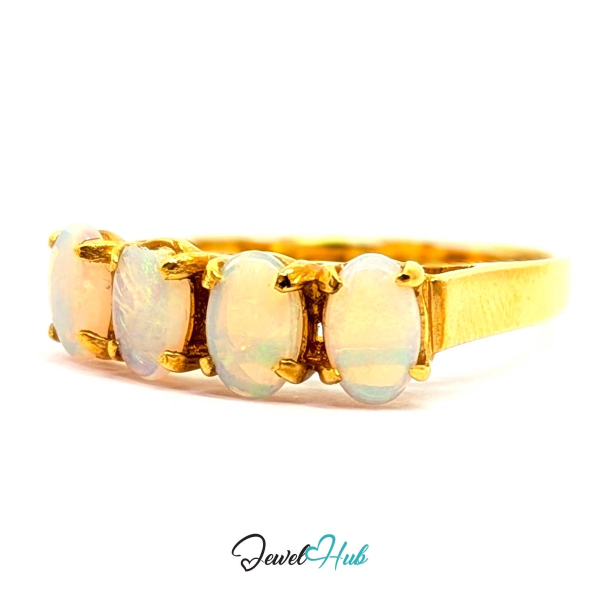 A 18k yellow gold ring featuring five oval-cut white opal gemstones in a row, set in a prong setting on a white background with a 'JewelHub' watermark at the bottom.