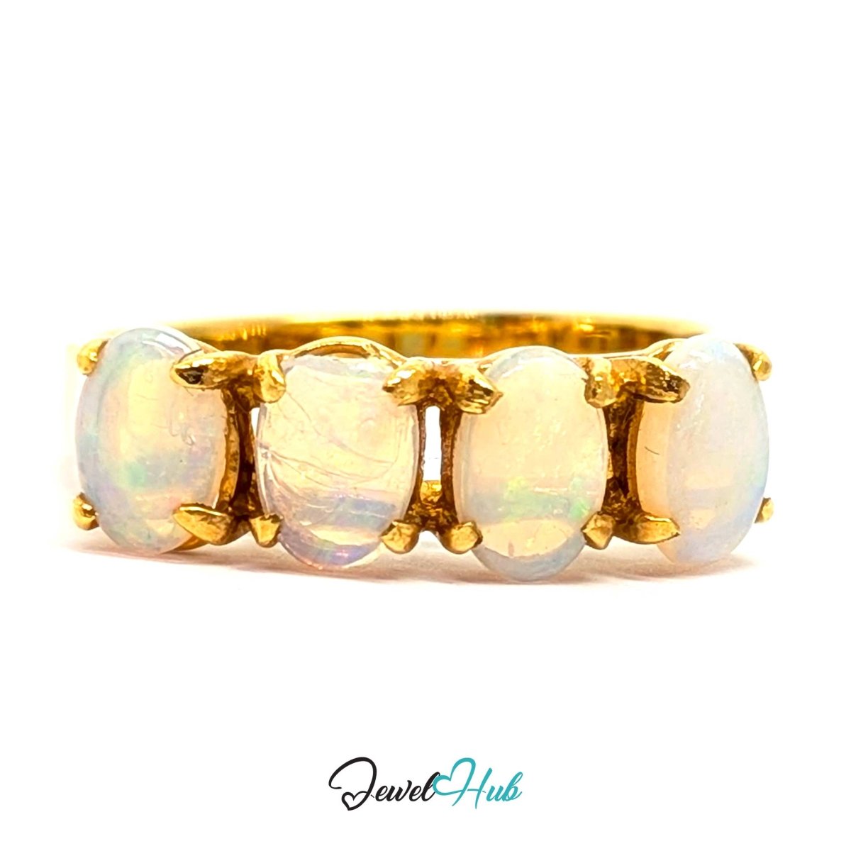 A 18k yellow gold ring featuring five oval-cut white opal gemstones set in a row, shown against a plain white background with a 'JewelHub' watermark at the bottom.