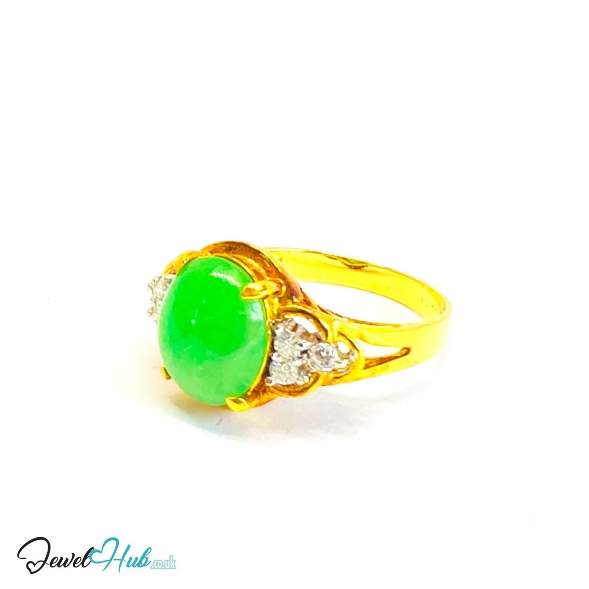 18K Gold Jade & Diamond Ring · 1.15ct Oval Jade · UK M · US 6.5 · Trio - Set Heritage Band - JewelHub.co.uk