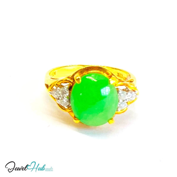 18K Gold Jade & Diamond Ring · 1.15ct Oval Jade · UK M · US 6.5 · Trio - Set Heritage Band - JewelHub.co.uk