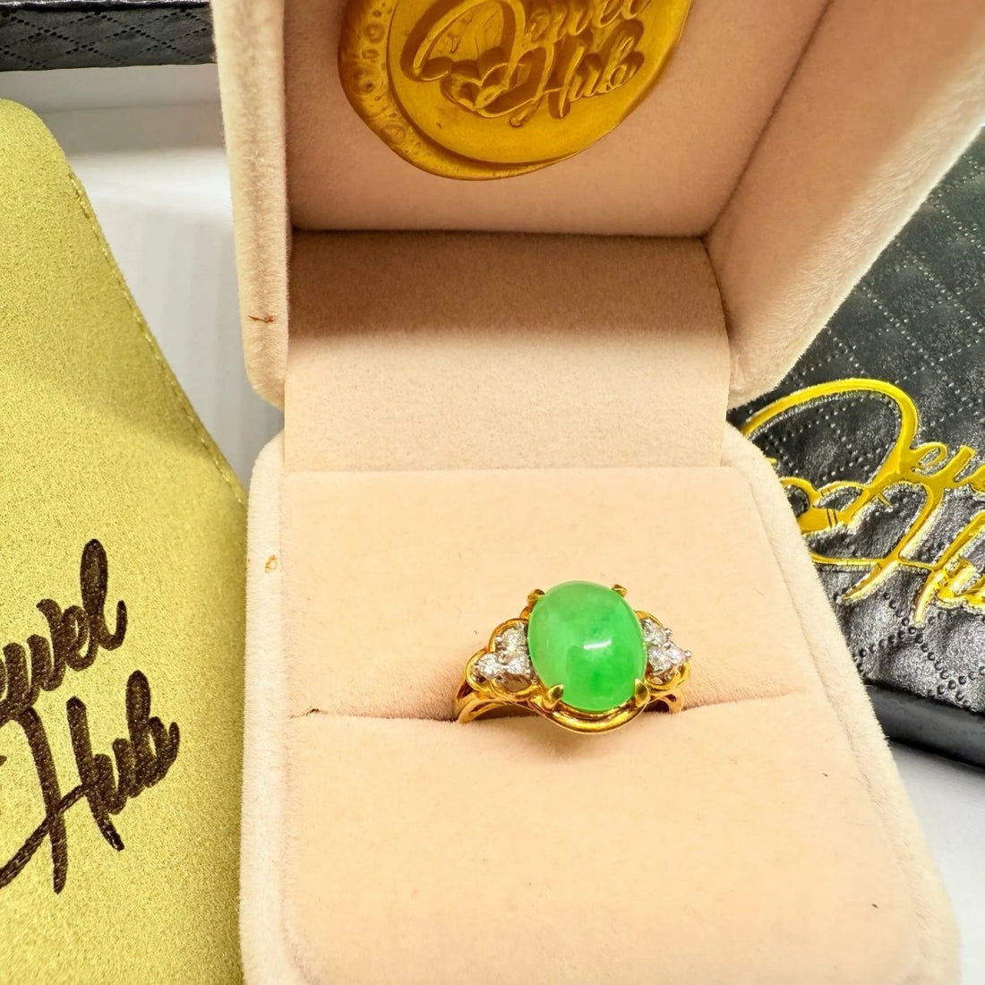 18K Gold Jade & Diamond Ring · 1.15ct Oval Jade · UK M · US 6.5 · Trio - Set Heritage Band - JewelHub.co.uk