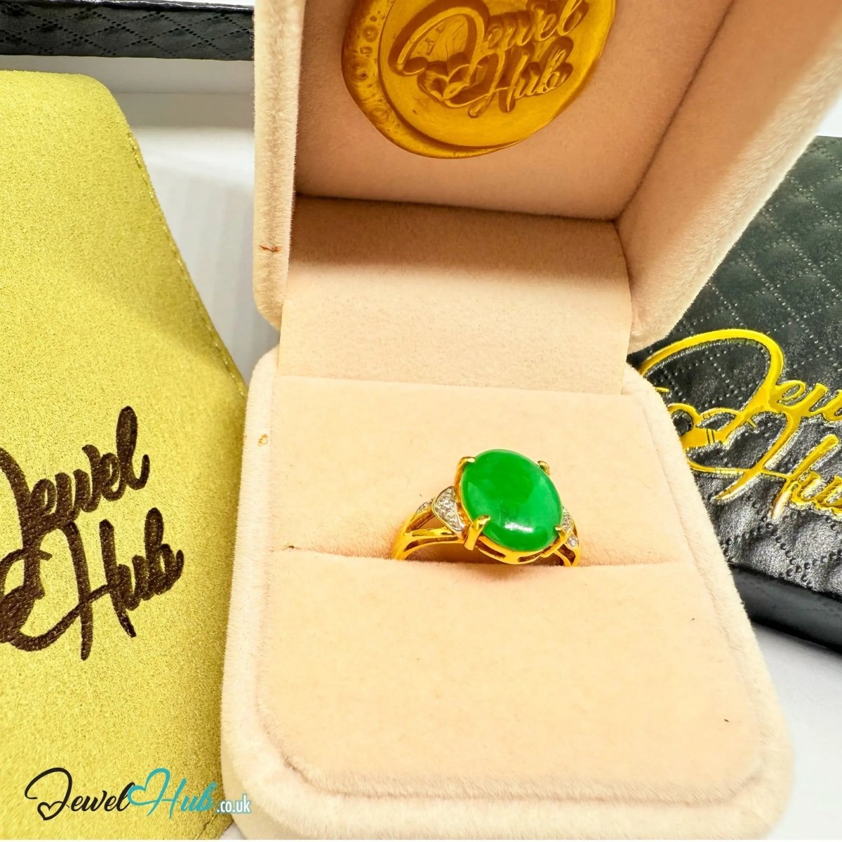 18k Gold Jade & Diamond Ring – Hallmarked (750) | UK N US 7 | Imperial Bloom - JewelHub.co.uk