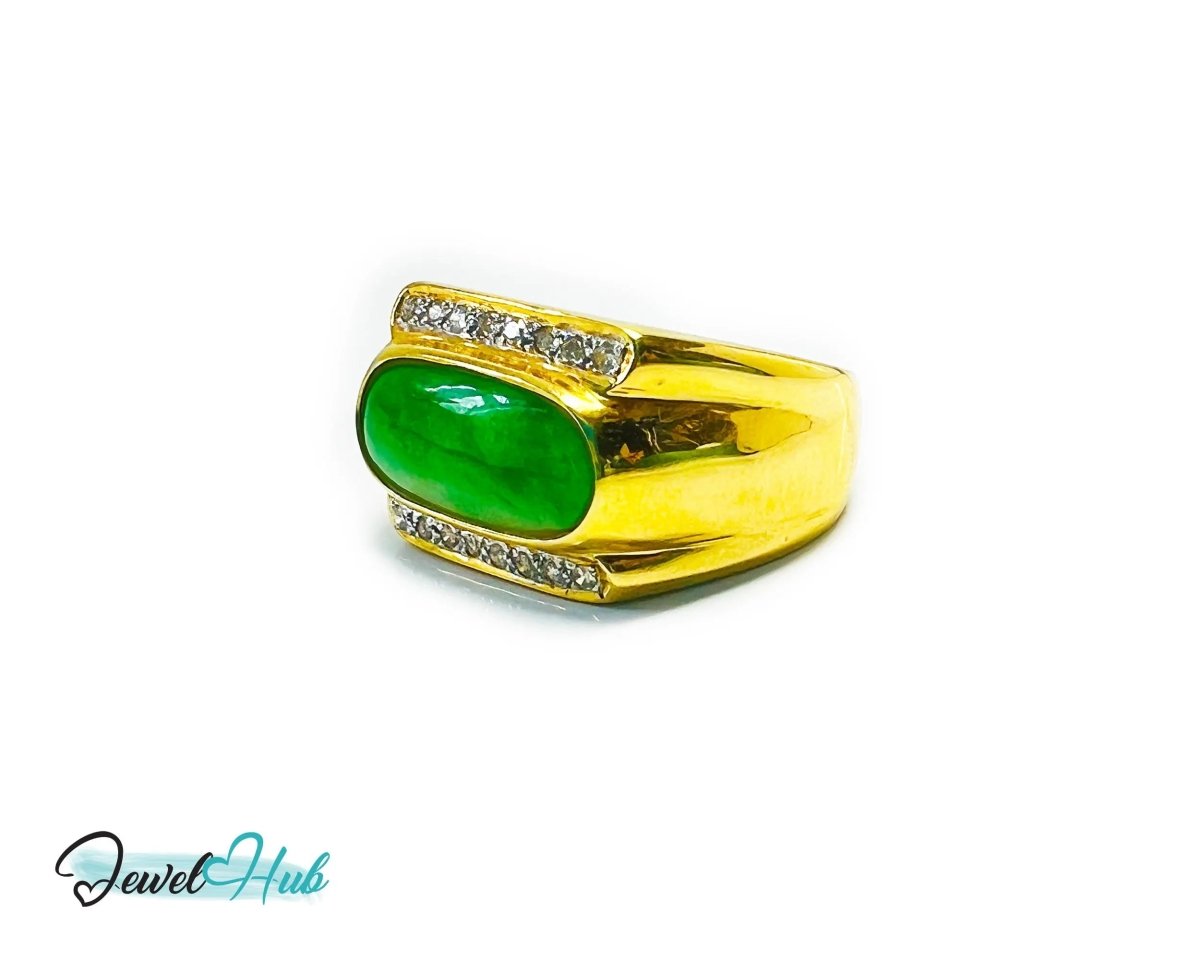 18k Gold Jade & Diamond Ring - Hallmarked (750) | UK R US 9 | Oval Jade & 0.48ct Diamonds - JewelHub.co.uk