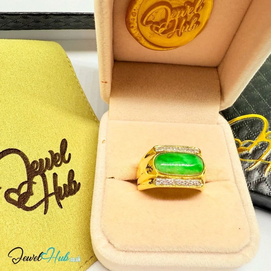 18k Gold Jade & Diamond Ring - Hallmarked (750) | UK R US 9 | Oval Jade & 0.48ct Diamonds - JewelHub.co.uk