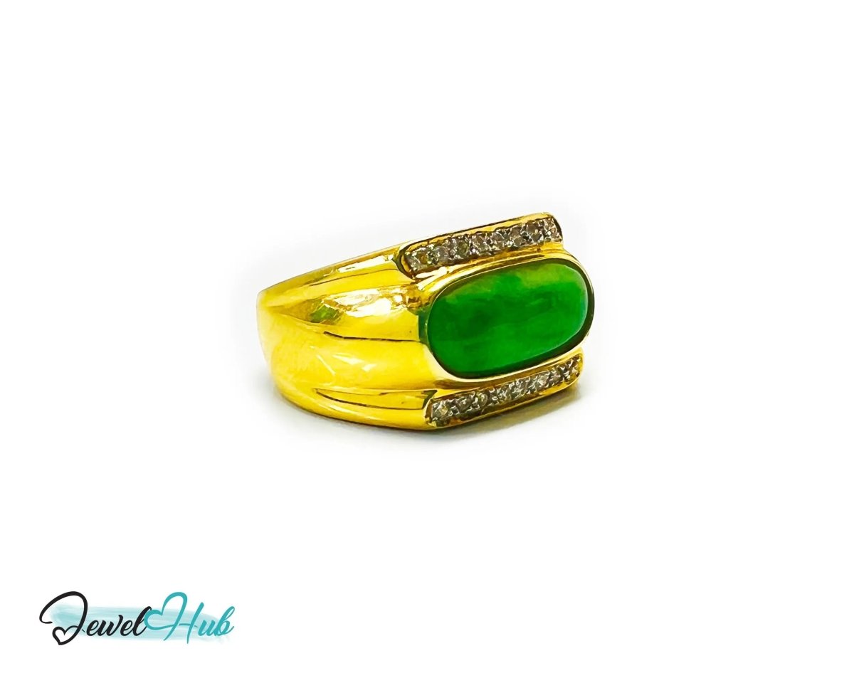 18k Gold Jade & Diamond Ring - Hallmarked (750) | UK R US 9 | Oval Jade & 0.48ct Diamonds - JewelHub.co.uk