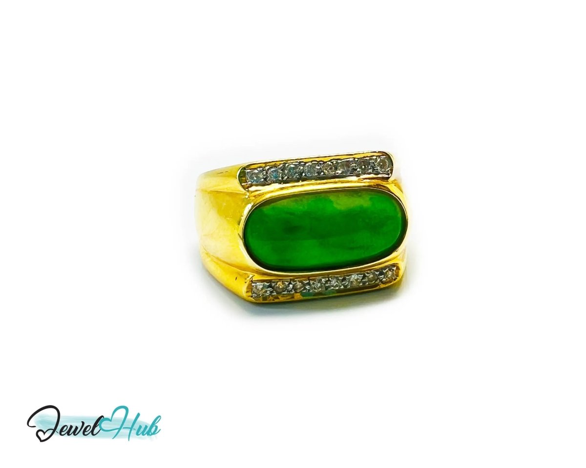 18k Gold Jade & Diamond Ring - Hallmarked (750) | UK R US 9 | Oval Jade & 0.48ct Diamonds - JewelHub.co.uk