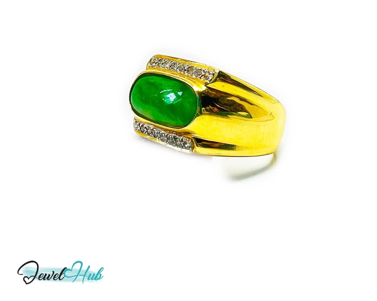 18k Gold Jade & Diamond Ring - Hallmarked (750) | UK R US 9 | Oval Jade & 0.48ct Diamonds - JewelHub.co.uk
