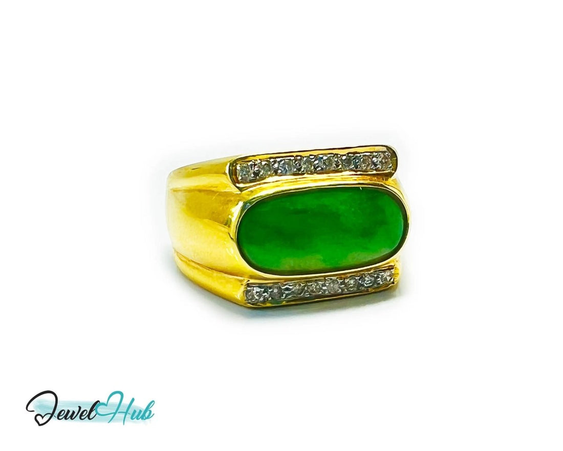 18k Gold Jade & Diamond Ring - Hallmarked (750) | UK R US 9 | Oval Jade & 0.48ct Diamonds - JewelHub.co.uk