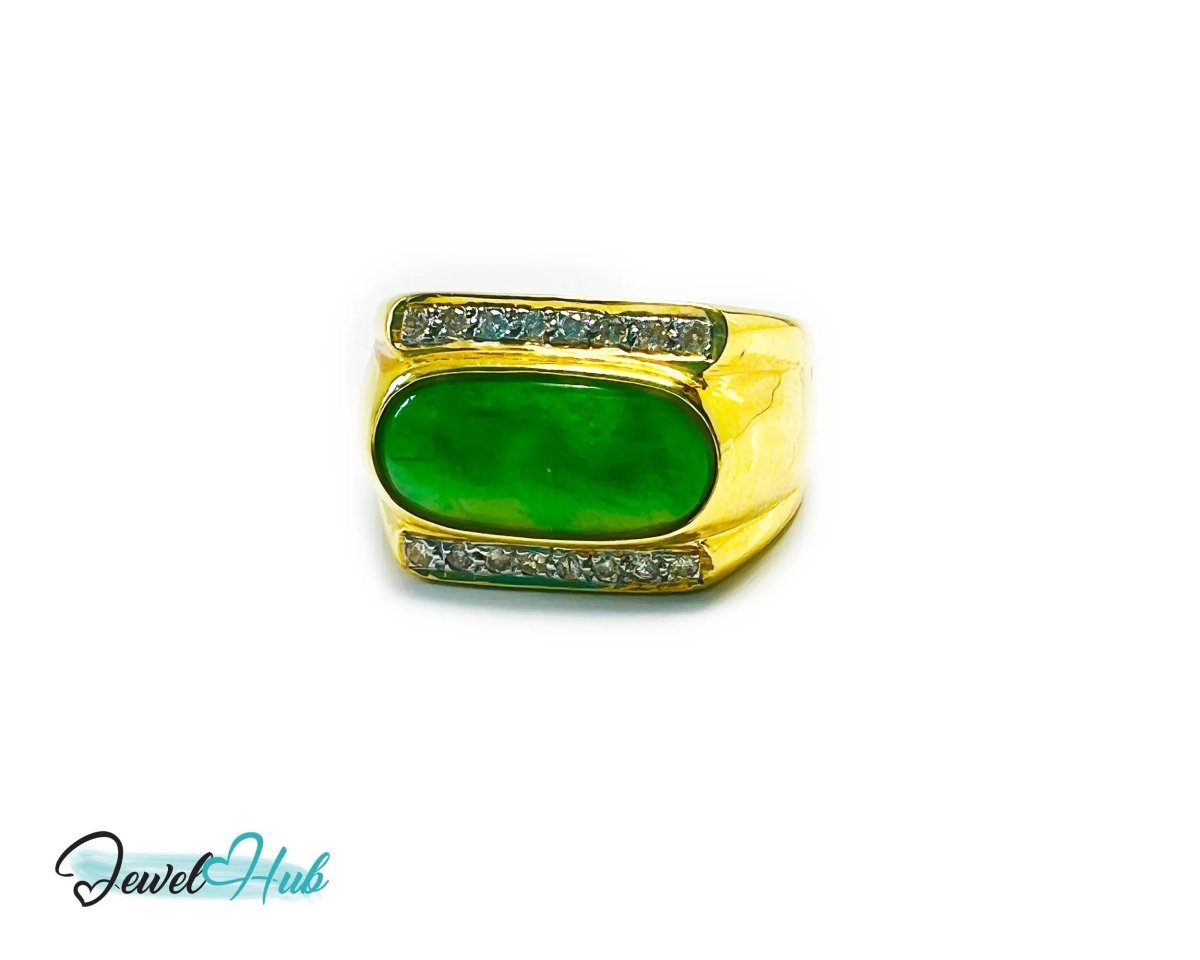 18k Gold Jade & Diamond Ring - Hallmarked (750) | UK R US 9 | Oval Jade & 0.48ct Diamonds - JewelHub.co.uk