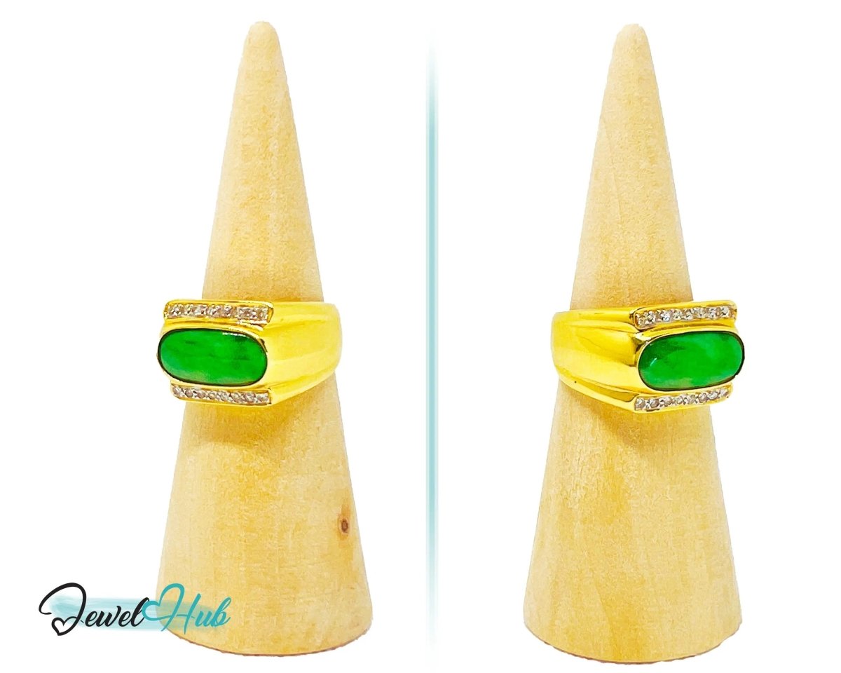 18k Gold Jade & Diamond Ring - Hallmarked (750) | UK R US 9 | Oval Jade & 0.48ct Diamonds - JewelHub.co.uk