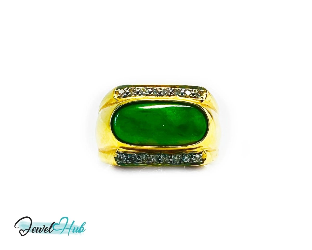 18k Gold Jade & Diamond Ring - Hallmarked (750) | UK R US 9 | Oval Jade & 0.48ct Diamonds - JewelHub.co.uk