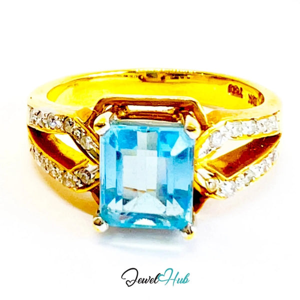 18K Gold Ring · Aquamarine Glow · Oceanlight Aurora · UK O · US 7.5 · Crisscross Diamond Band - JewelHub.co.uk