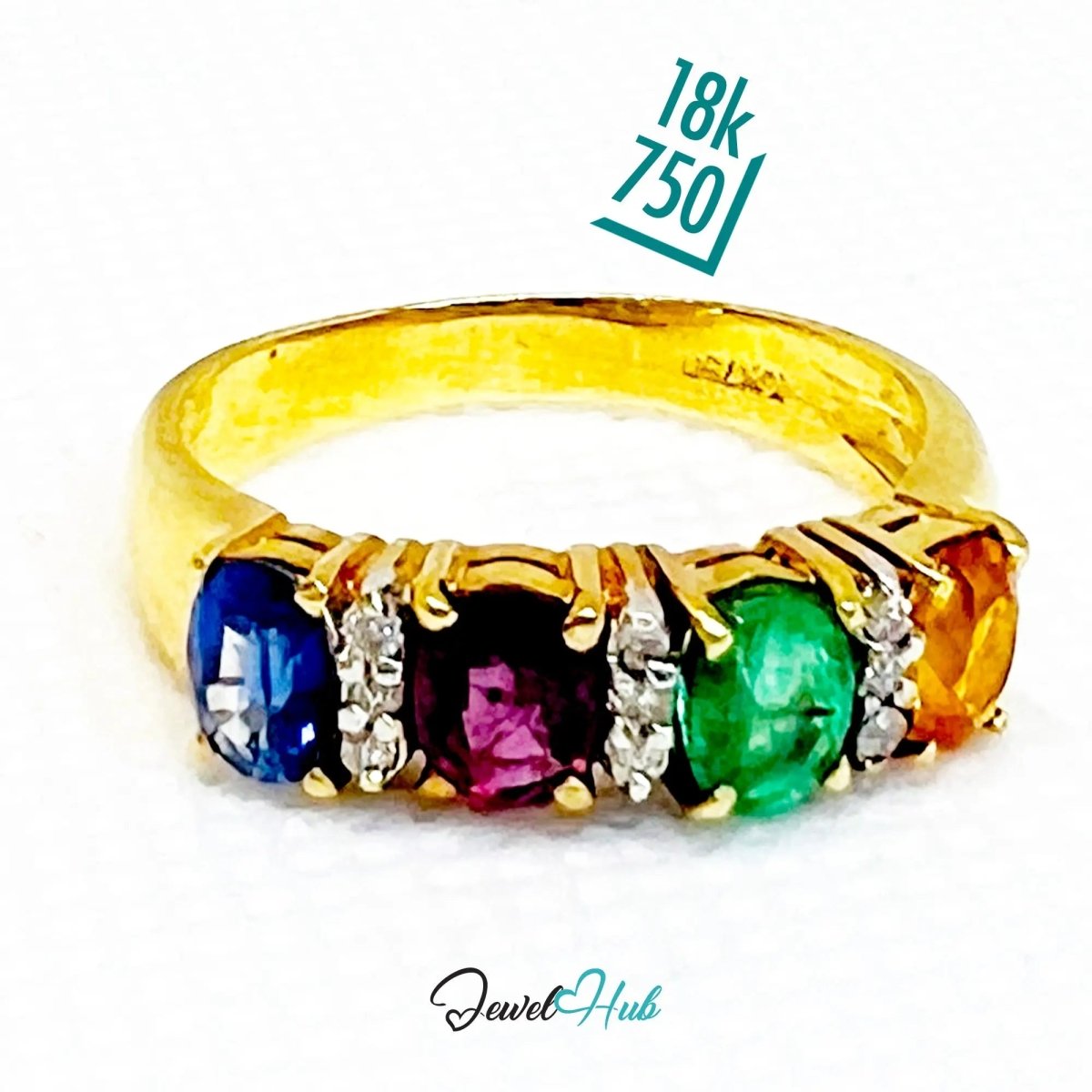 18K Gold Ring Hallmarked (750) Multi - colour Radiance Gemstones 2.2ct & Diamonds| UK P US 8 - JewelHub.co.uk