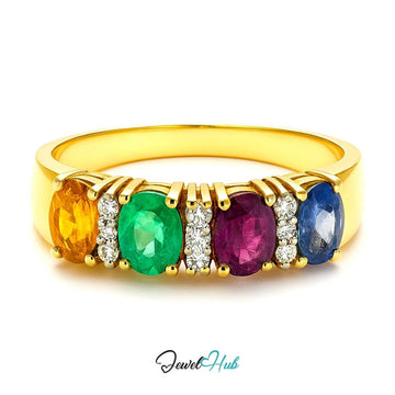18K Gold Ring Hallmarked (750) Multi - colour Radiance Gemstones 2.2ct & Diamonds| UK P US 8 - JewelHub.co.uk