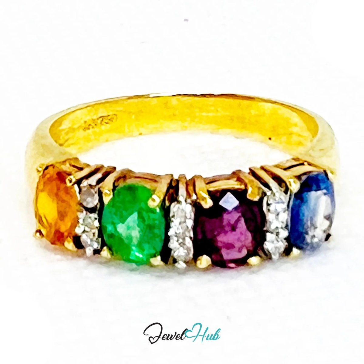 18K Gold Ring Hallmarked (750) Multi - colour Radiance Gemstones 2.2ct & Diamonds| UK P US 8 - JewelHub.co.uk