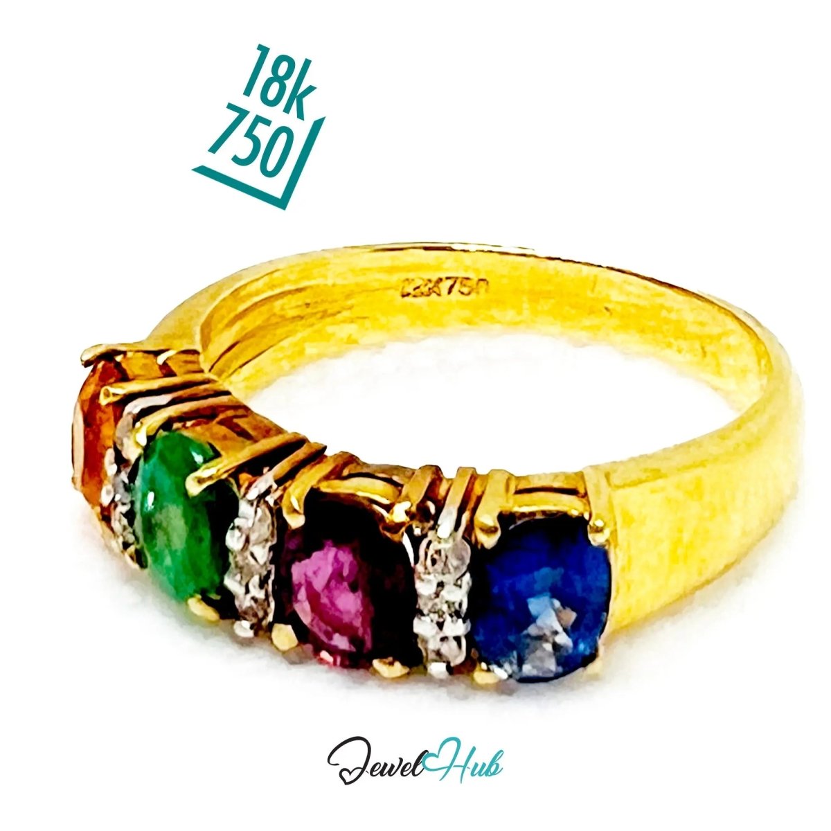 18K Gold Ring Hallmarked (750) Multi - colour Radiance Gemstones 2.2ct & Diamonds| UK P US 8 - JewelHub.co.uk
