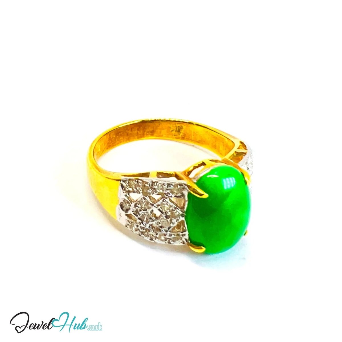 18K Gold Ring with Jade and Diamond · 1.75ct Diamonds · UK O · US 7.5 · Luxe Statement Band - JewelHub.co.uk