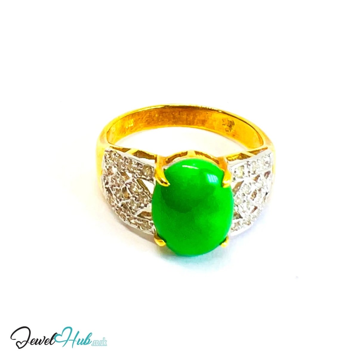 18K Gold Ring with Jade and Diamond · 1.75ct Diamonds · UK O · US 7.5 · Luxe Statement Band - JewelHub.co.uk
