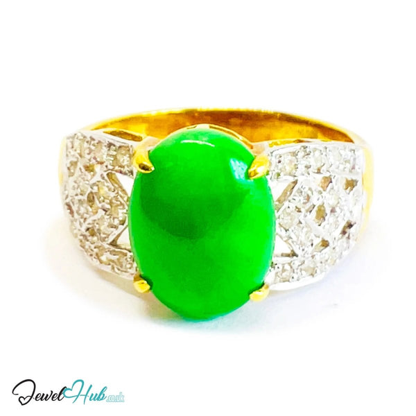 18K Gold Ring with Jade and Diamond · 1.75ct Diamonds · UK O · US 7.5 · Luxe Statement Band - JewelHub.co.uk