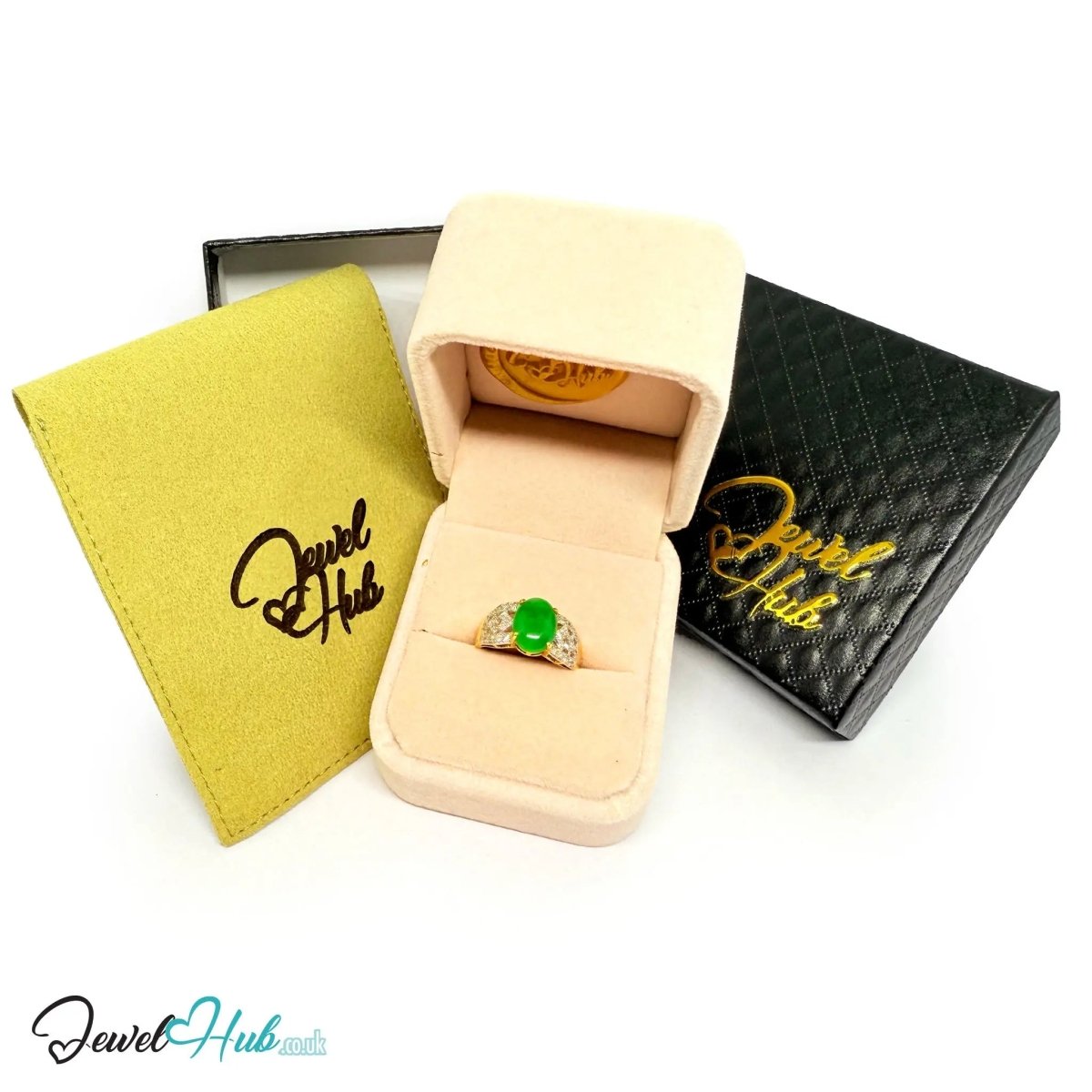 18K Gold Ring with Jade and Diamond · 1.75ct Diamonds · UK O · US 7.5 · Luxe Statement Band - JewelHub.co.uk