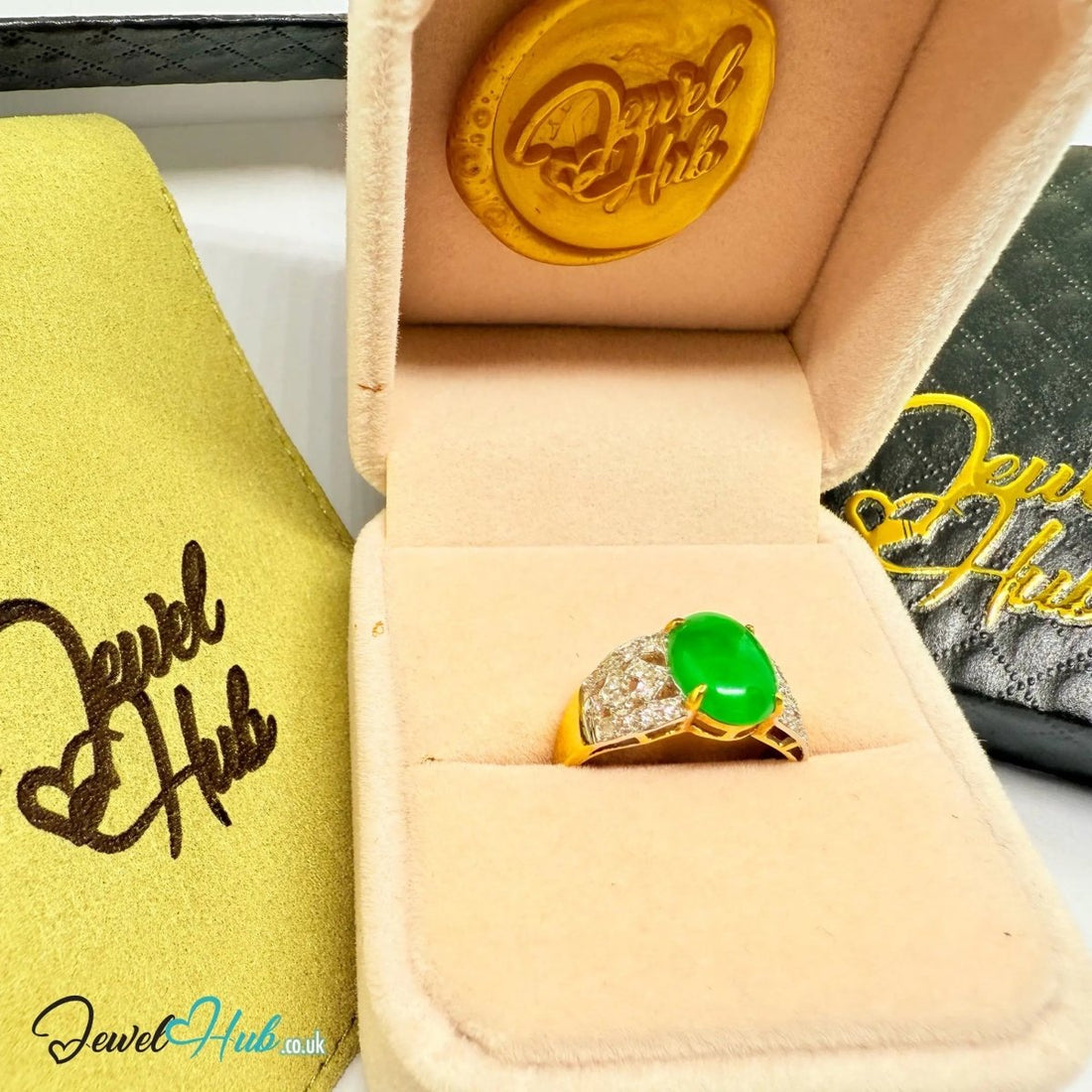 18K Gold Ring with Jade and Diamond · 1.75ct Diamonds · UK O · US 7.5 · Luxe Statement Band - JewelHub.co.uk