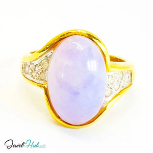 18K Gold RIng with Purple Jade & Diamond · Oval Jade · UK O · US 7.5 · Bezel - Set Statement Band - JewelHub.co.uk