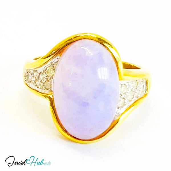 18K Gold RIng with Purple Jade & Diamond · Oval Jade · UK O · US 7.5 · Bezel - Set Statement Band - JewelHub.co.uk
