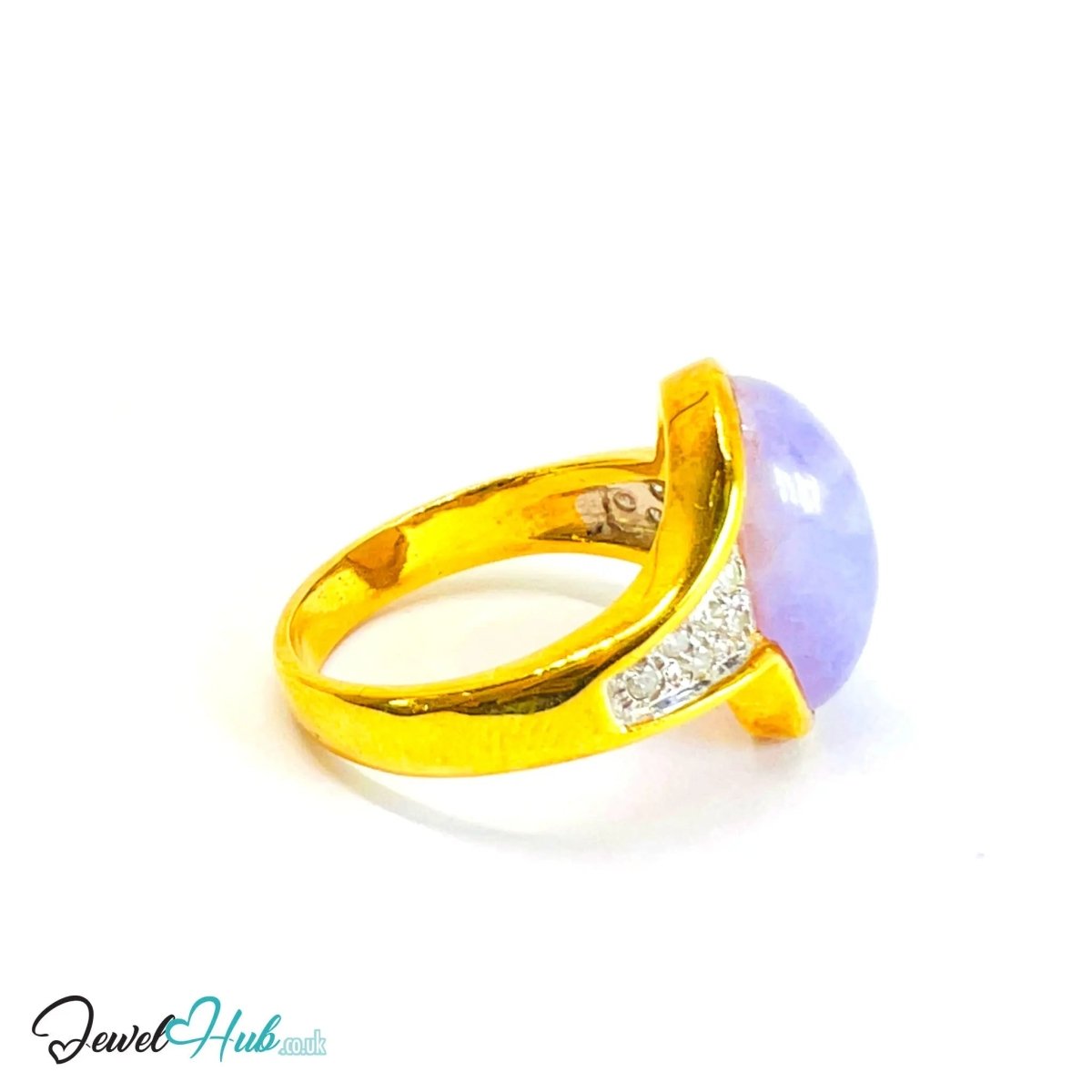 18K Gold RIng with Purple Jade & Diamond · Oval Jade · UK O · US 7.5 · Bezel - Set Statement Band - JewelHub.co.uk