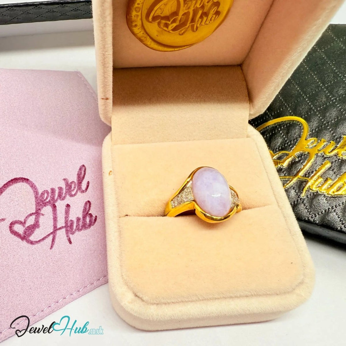 18K Gold RIng with Purple Jade & Diamond · Oval Jade · UK O · US 7.5 · Bezel - Set Statement Band - JewelHub.co.uk