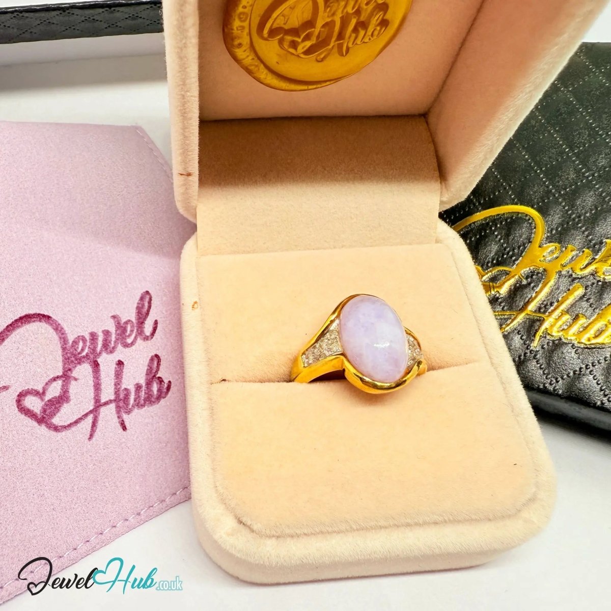 18K Gold RIng with Purple Jade & Diamond · Oval Jade · UK O · US 7.5 · Bezel - Set Statement Band - JewelHub.co.uk