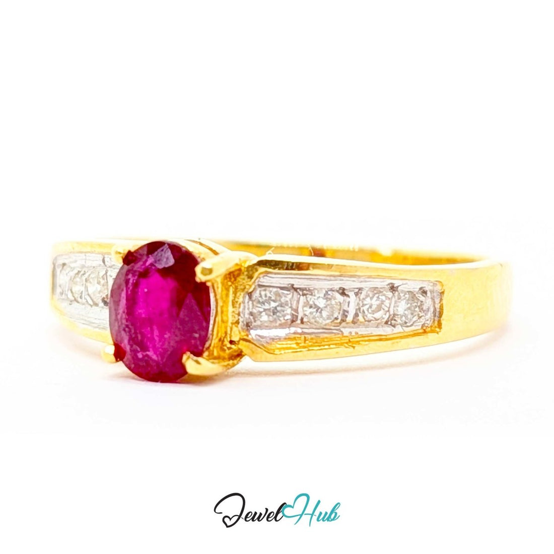 A yellow 14k gold ring featuring a prominent oval-cut deep pinkish-red center stone, flanked by rows of small clear stones on a white background.
