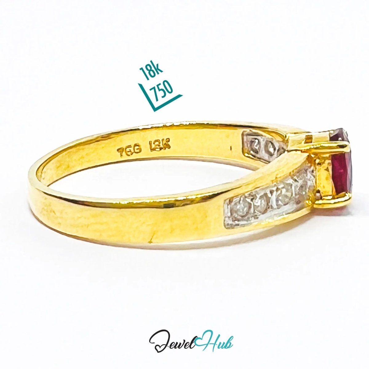 18K Gold Ruby Diamond Ring · UK L · US 6 · 8 Diamond Accents · 2.46g Total Weight - JewelHub.co.uk