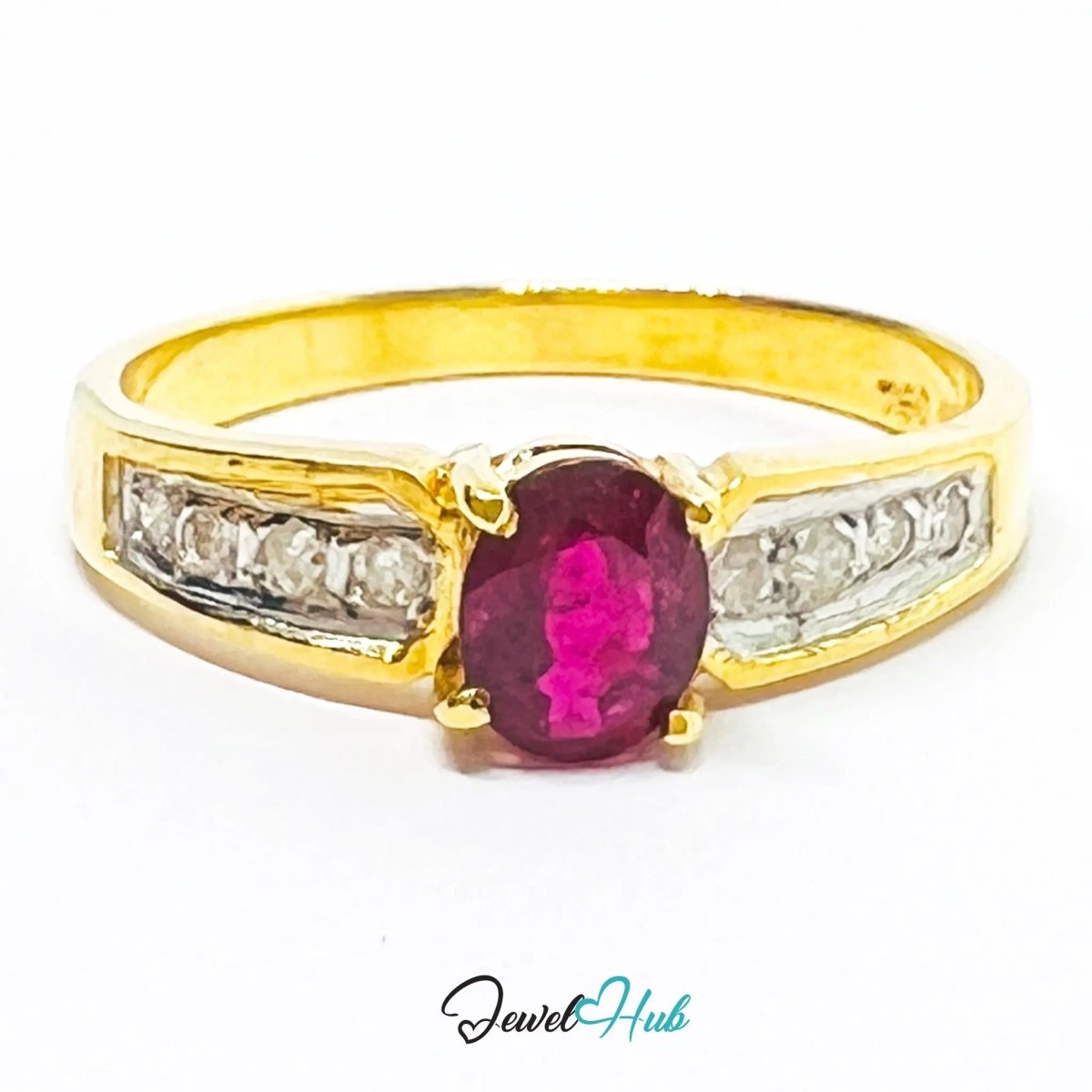 18K Gold Ruby Diamond Ring · UK L · US 6 · 8 Diamond Accents · 2.46g Total Weight - JewelHub.co.uk