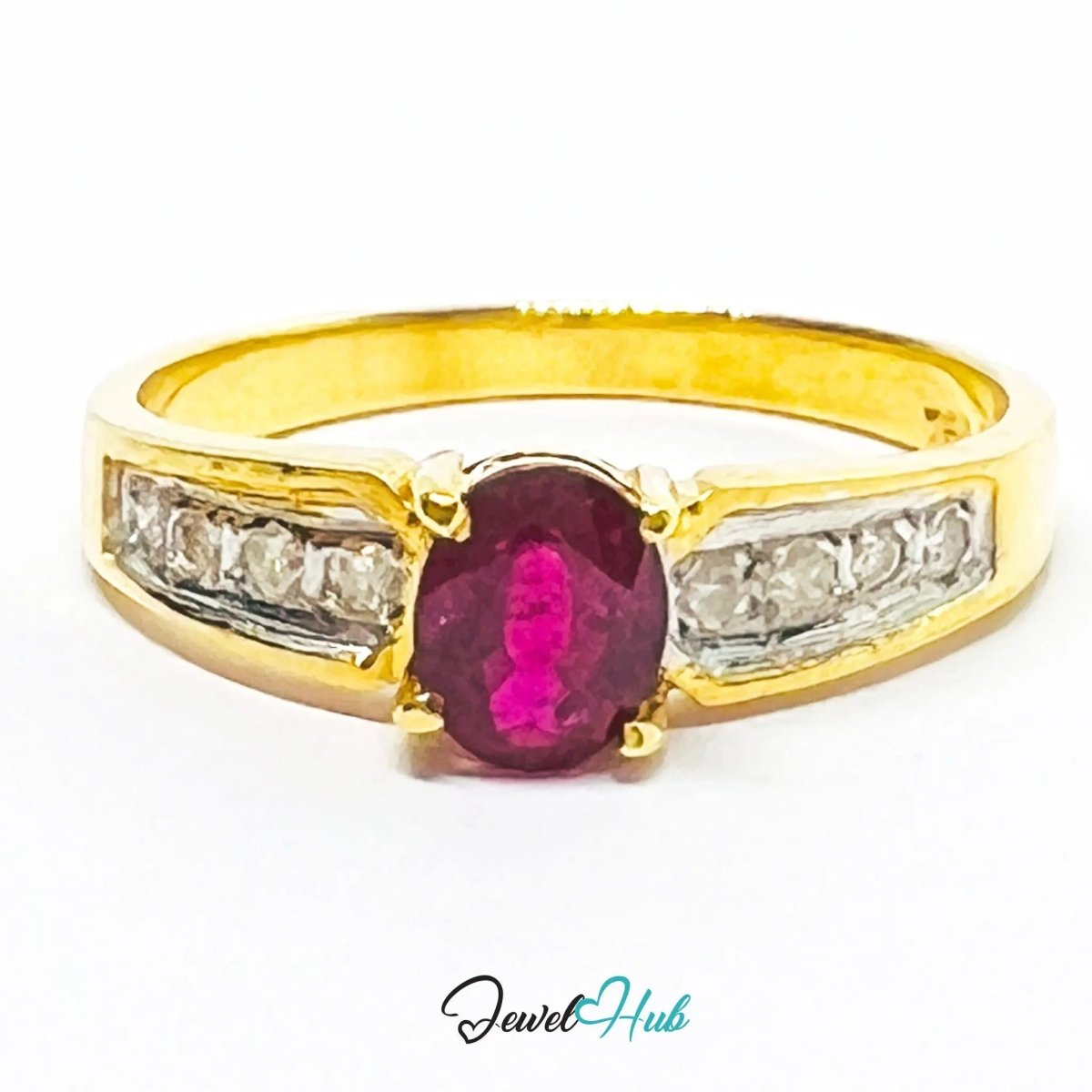 18K Gold Ruby Diamond Ring · UK L · US 6 · 8 Diamond Accents · 2.46g Total Weight - JewelHub.co.uk