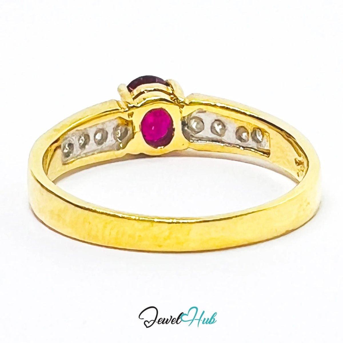 18K Gold Ruby Diamond Ring · UK L · US 6 · 8 Diamond Accents · 2.46g Total Weight - JewelHub.co.uk