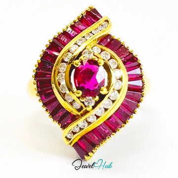18K Gold Ruby Fan Ring · UK M · US 6.5 · Diamond & Baguette Ruby Detail - JewelHub.co.uk