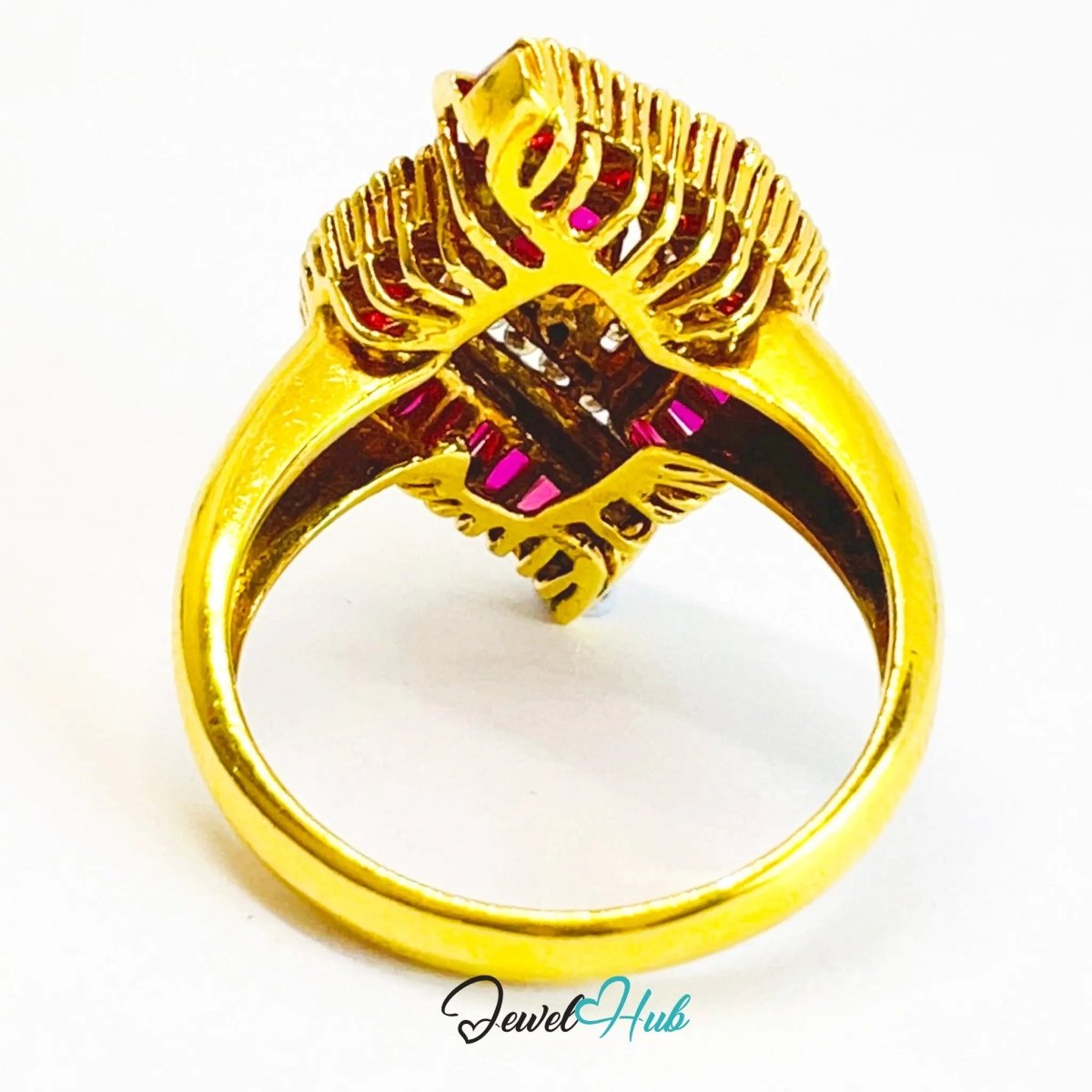 18K Gold Ruby Fan Ring · UK M · US 6.5 · Diamond & Baguette Ruby Detail - JewelHub.co.uk