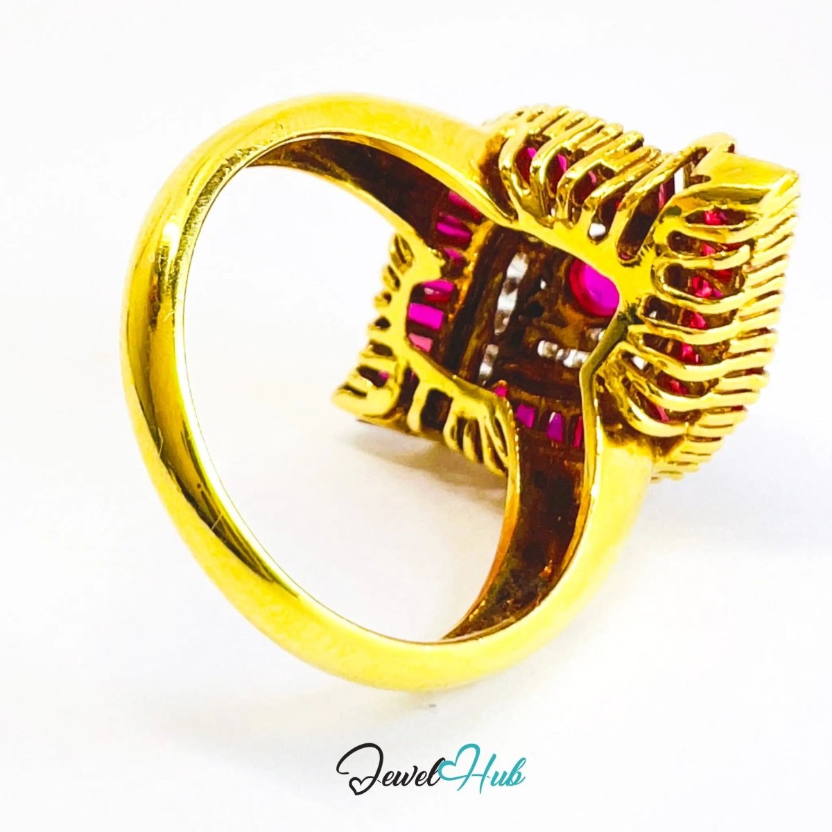 18K Gold Ruby Fan Ring · UK M · US 6.5 · Diamond & Baguette Ruby Detail - JewelHub.co.uk