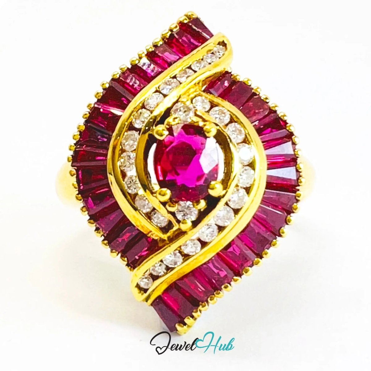 18K Gold Ruby Fan Ring · UK M · US 6.5 · Diamond & Baguette Ruby Detail - JewelHub.co.uk