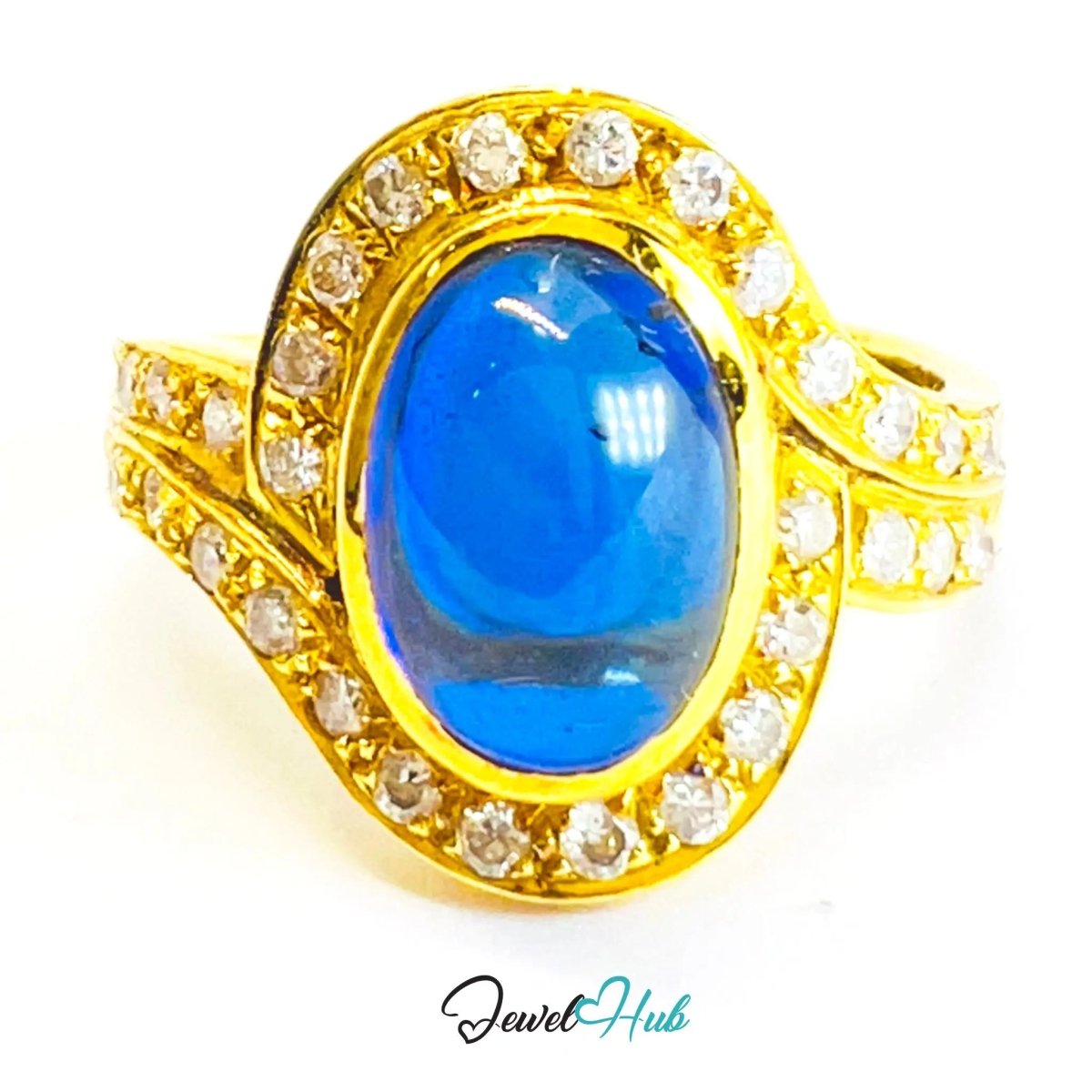 18K Gold Sapphire Diamond Ring · 2.2ct Oval Sapphire · UK N · US 7 · Halo Split Shank Design - JewelHub.co.uk