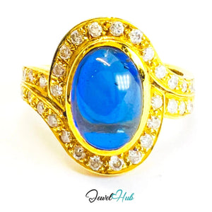 18K Gold Sapphire Diamond Ring · 2.2ct Oval Sapphire · UK N · US 7 · Halo Split Shank Design - JewelHub.co.uk