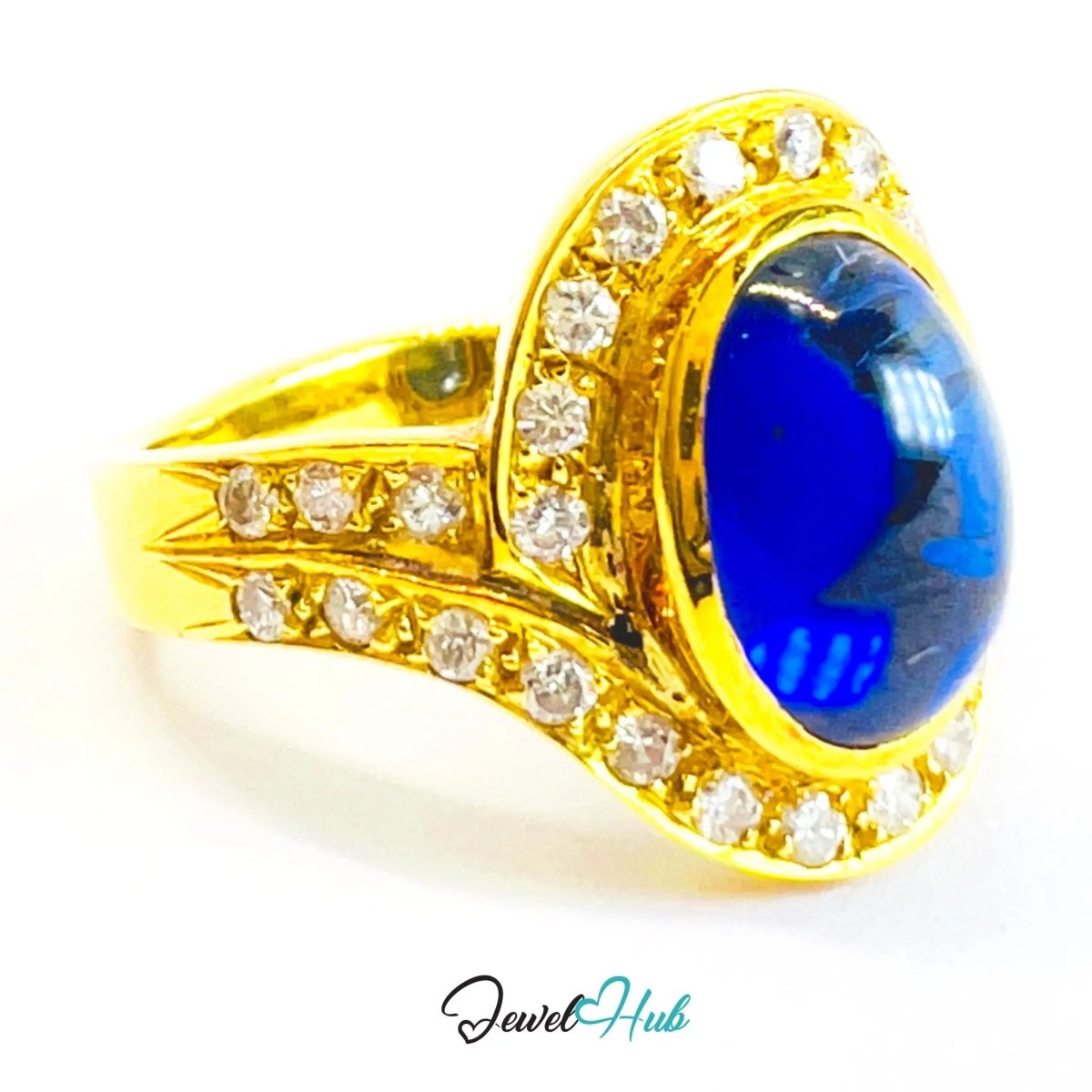 18K Gold Sapphire Diamond Ring · 2.2ct Oval Sapphire · UK N · US 7 · Halo Split Shank Design - JewelHub.co.uk