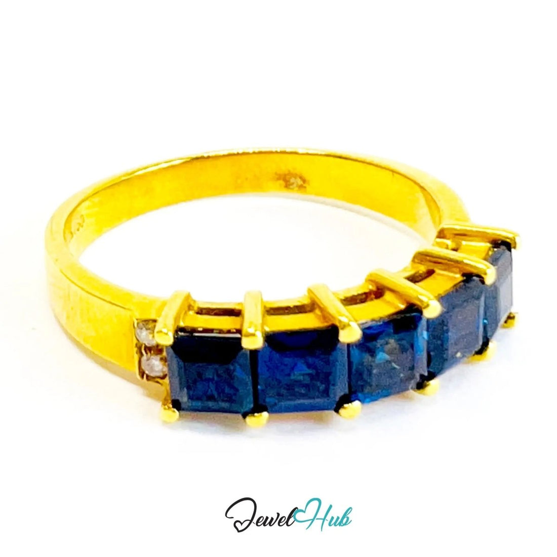 18K Gold Sapphire & Diamond Ring - Geometric Row Design - JewelHub.co.uk