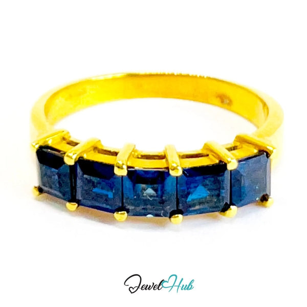 18K Gold Sapphire & Diamond Ring - Geometric Row Design - JewelHub.co.uk